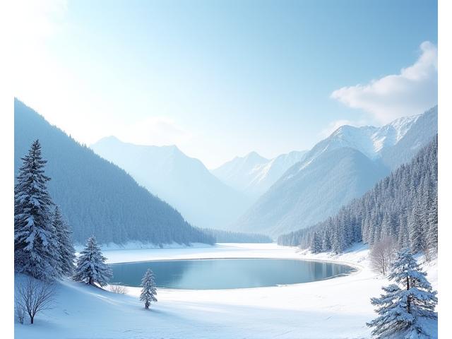 北海道の雄大な自然風景、雪に覆われた山々と湖